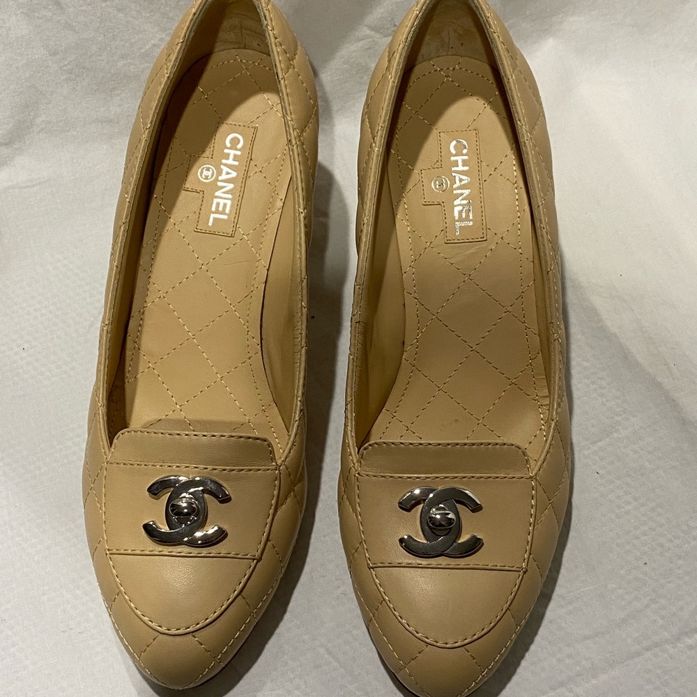 Chanel tan quilted leather classic hardware loafers